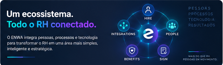 Diagrama do ecossistema enwa conectando Hire, People, Sign, Benefits e Integrations.